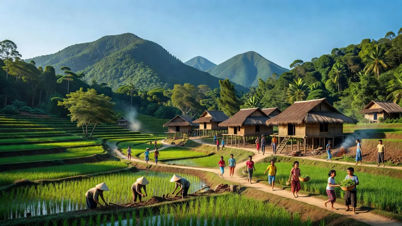 Khung cảnh thiên nhiên xã Cà Dy, huyện Nam Giang, tỉnh Quảng Nam với đời sống nông thôn đặc trưng.
