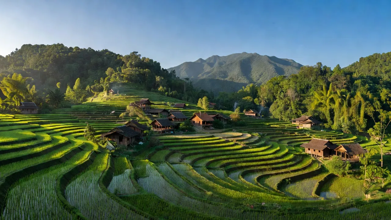 Cảnh đẹp xã Chà Vàl, huyện Nam Giang, tỉnh Quảng Nam với ruộng bậc thang và núi xanh.
