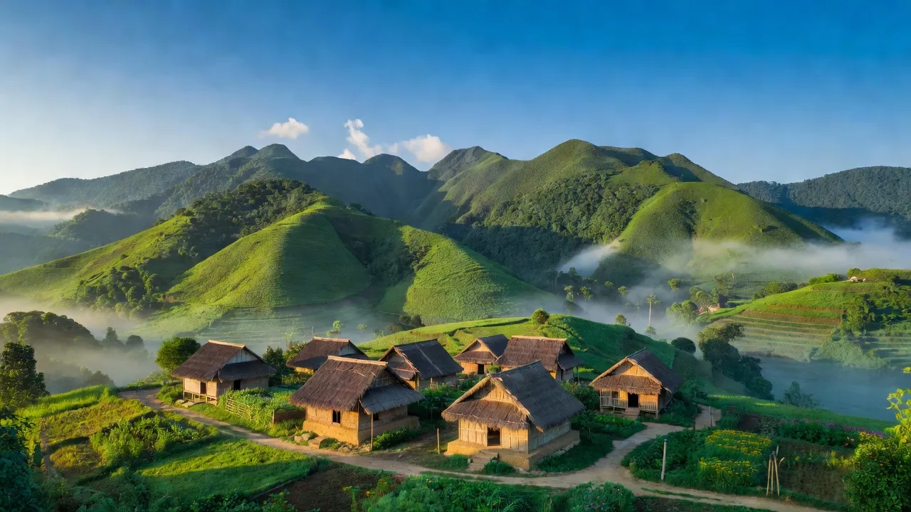 Khung cảnh Xã Chà Vàl, huyện Nam Giang, tỉnh Quảng Nam với núi rừng xanh tươi và nhà truyền thống.