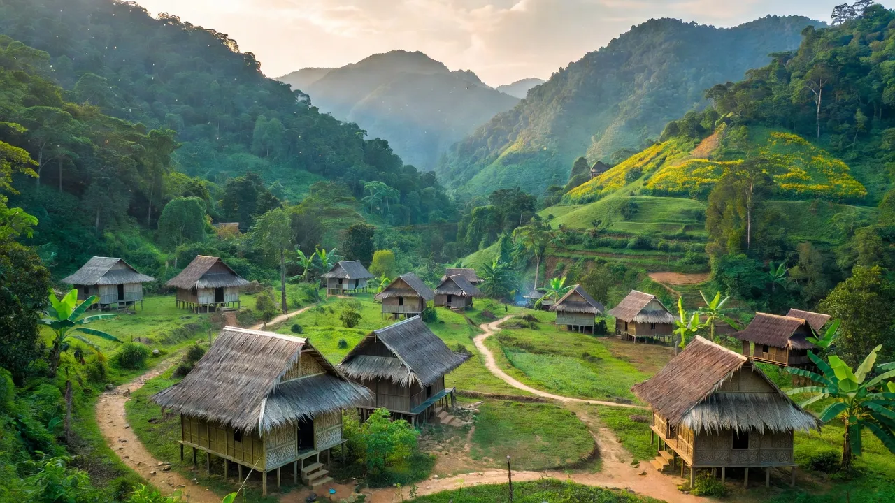 Khung cảnh xã Chơ Chun, huyện Nam Giang, tỉnh Quảng Nam với những ngọn núi xanh và nhà truyền thống.