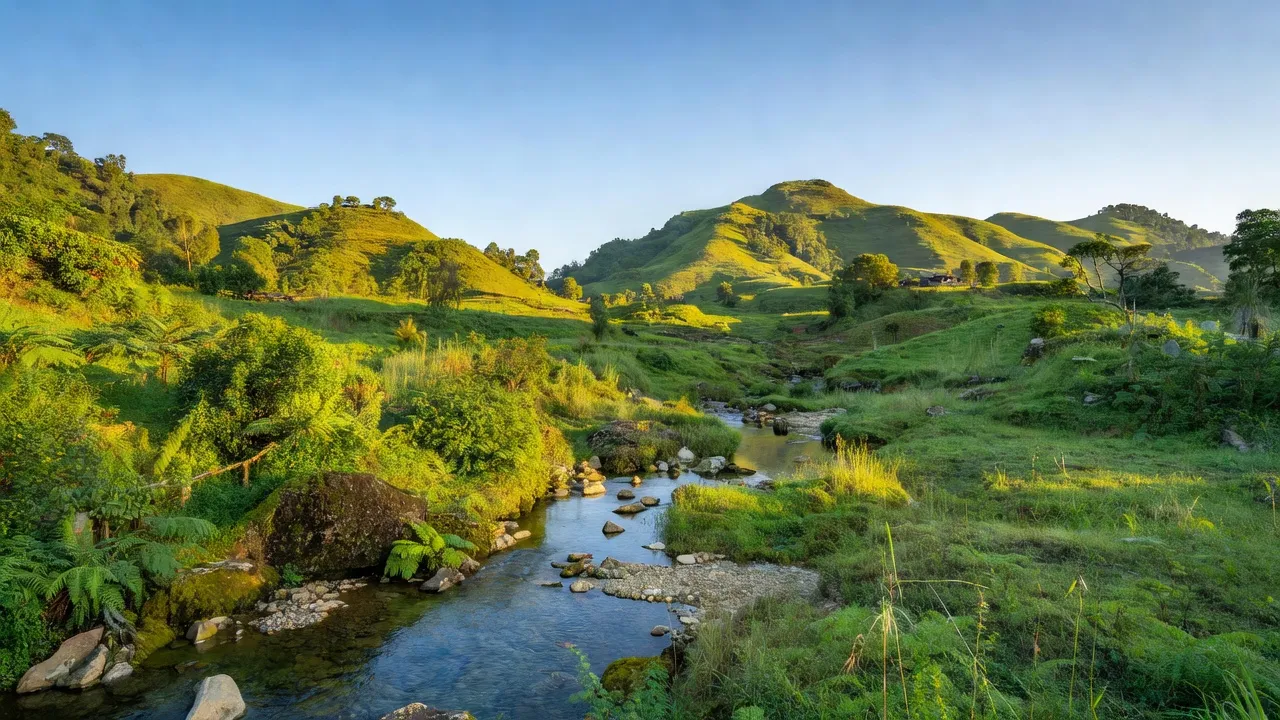 Cảnh thiên nhiên xã Đắc Pring huyện Nam Giang, Quảng Nam với đồi núi xanh và dòng suối trong vắt.