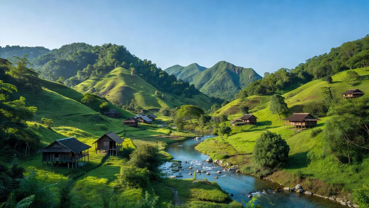 Khung cảnh xã Đắc Pring, huyện Nam Giang, tỉnh Quảng Nam với đồi núi xanh và suối trong.