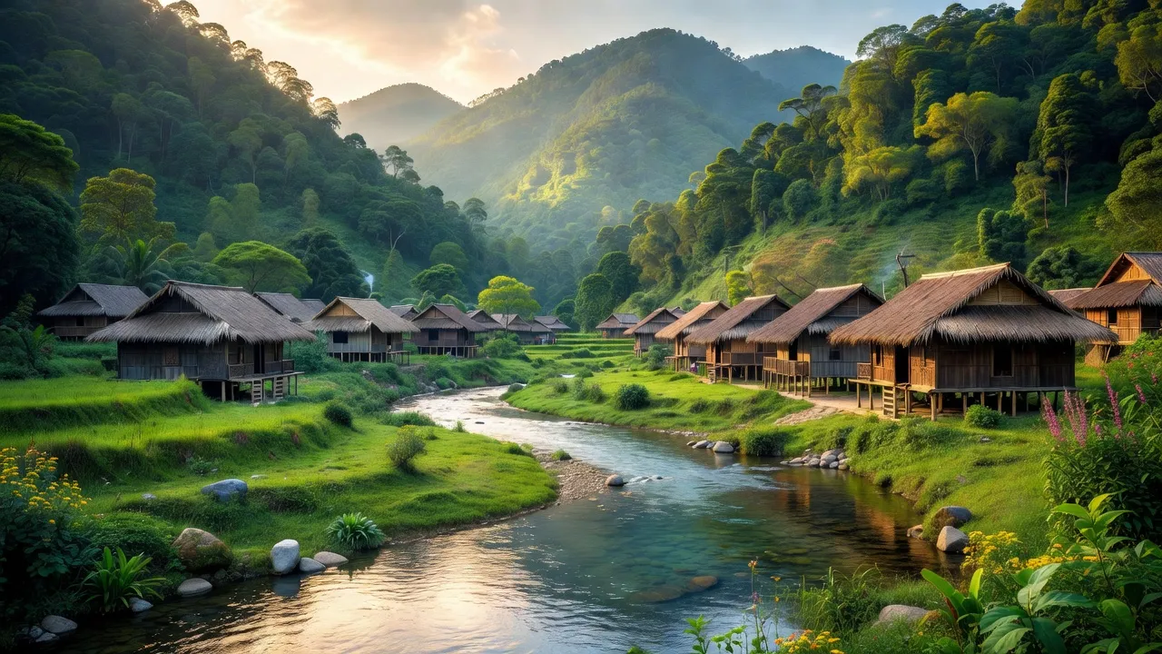 Khung cảnh đẹp của xã La Dêê, huyện Nam Giang, tỉnh Quảng Nam với núi non và nhà truyền thống.