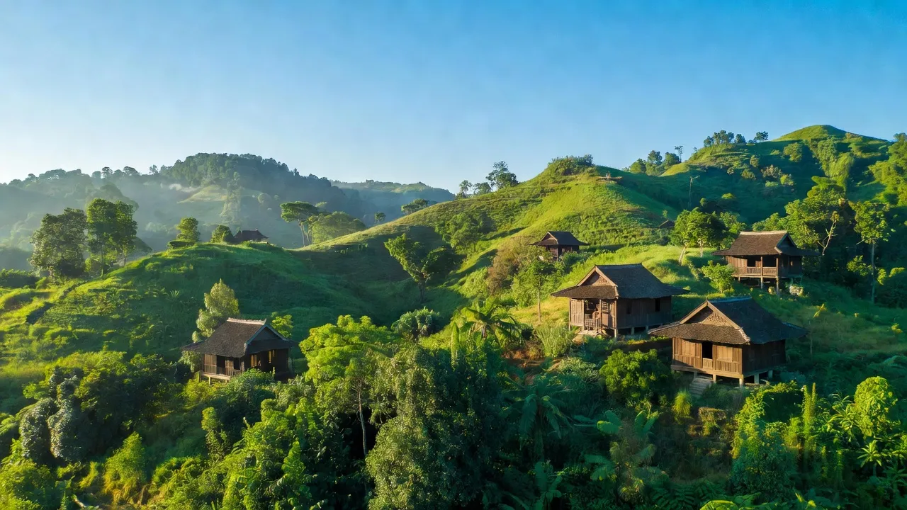 Khung cảnh xanh tươi của xã La Dêê, huyện Nam Giang, tỉnh Quảng Nam với núi và nhà truyền thống.