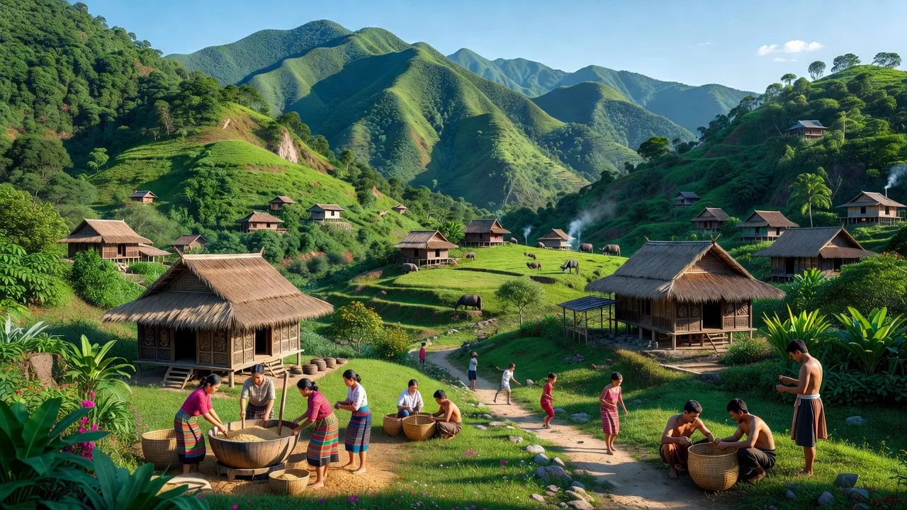 Cảnh quan xã La Dêê, huyện Nam Giang, tỉnh Quảng Nam với núi xanh và nhà truyền thống.