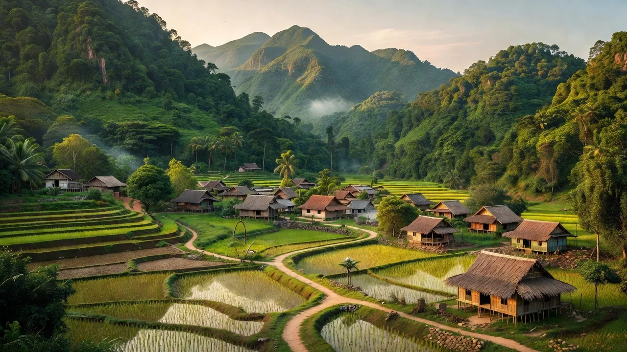 Xã La Dêê, huyện Nam Giang, Quảng Nam, cảnh đẹp thiên nhiên với núi xanh và nhà truyền thống.