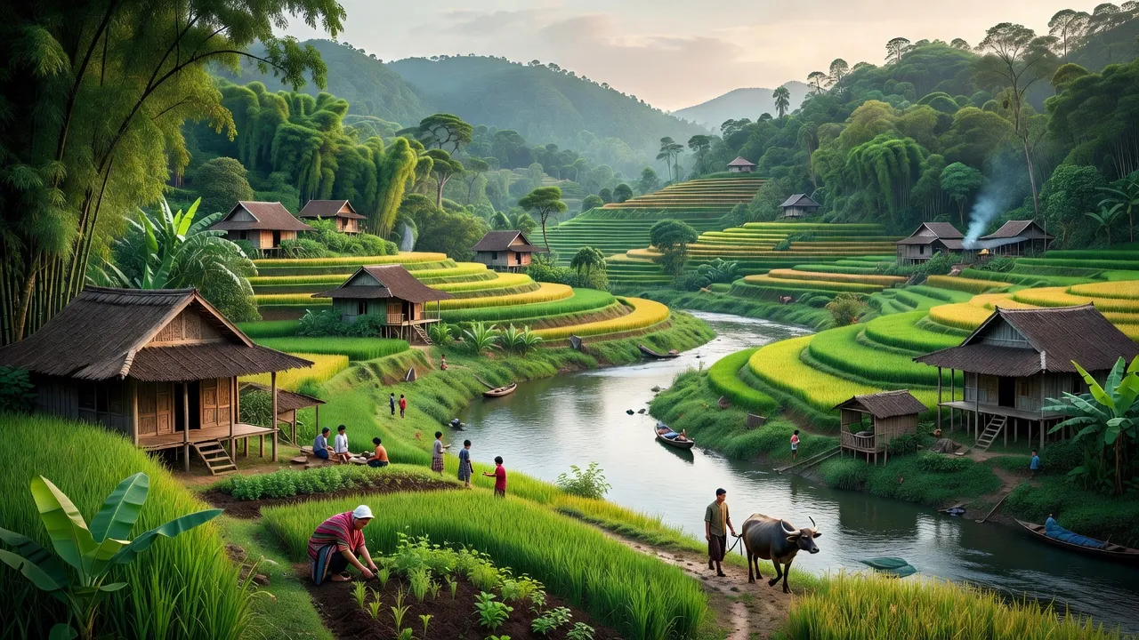 Khung cảnh xã Tà Bhinh, huyện Nam Giang, Quảng Nam với núi rừng xanh tươi và nhà dân.
