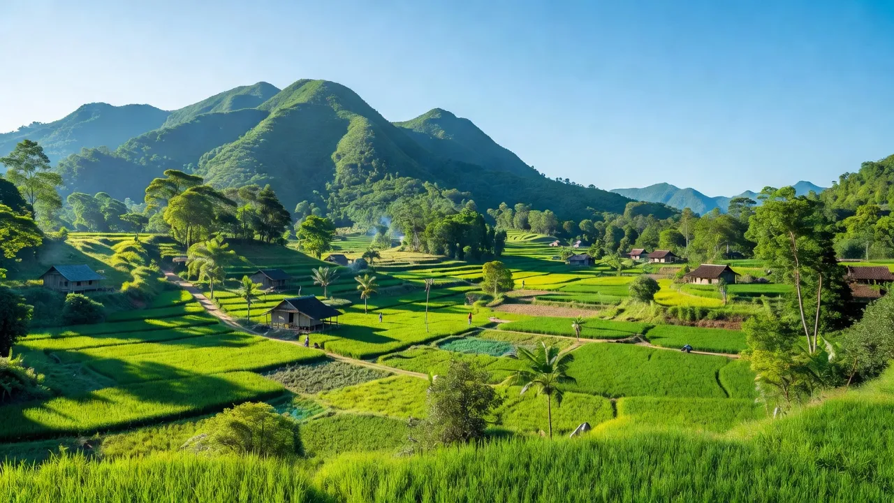 Cảnh quan xã Tà Pơơ, huyện Nam Giang, tỉnh Quảng Nam với núi non và thung lũng xanh.