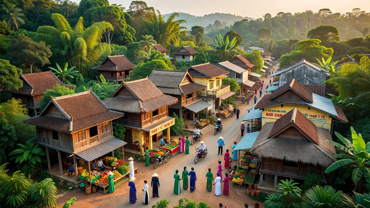 Khung cảnh thị trấn Thạnh Mỹ, huyện Nam Giang, tỉnh Quảng Nam, thể hiện đời sống sôi động địa phương.