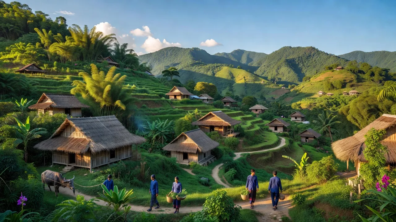 Khung cảnh xã Zuôich, huyện Nam Giang, tỉnh Quảng Nam với núi non xanh tươi và nhà truyền thống.