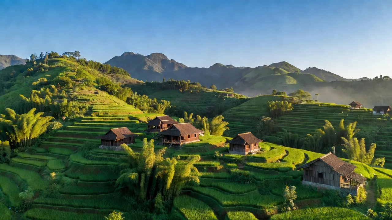 Khung cảnh núi rừng Trà Cang, Quảng Nam với những ngọn đồi xanh và nhà gỗ truyền thống.