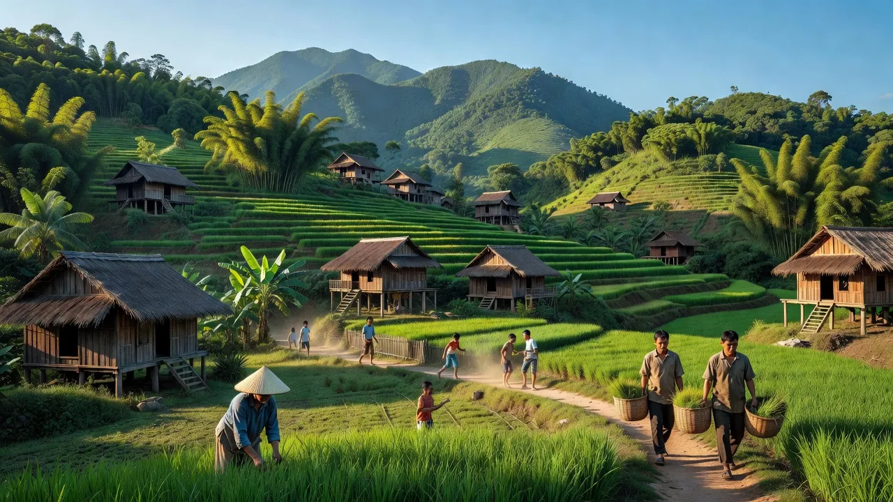 Khung cảnh xóm Trà Cang, huyện Nam Trà My, Quảng Nam với núi non và nhà truyền thống.