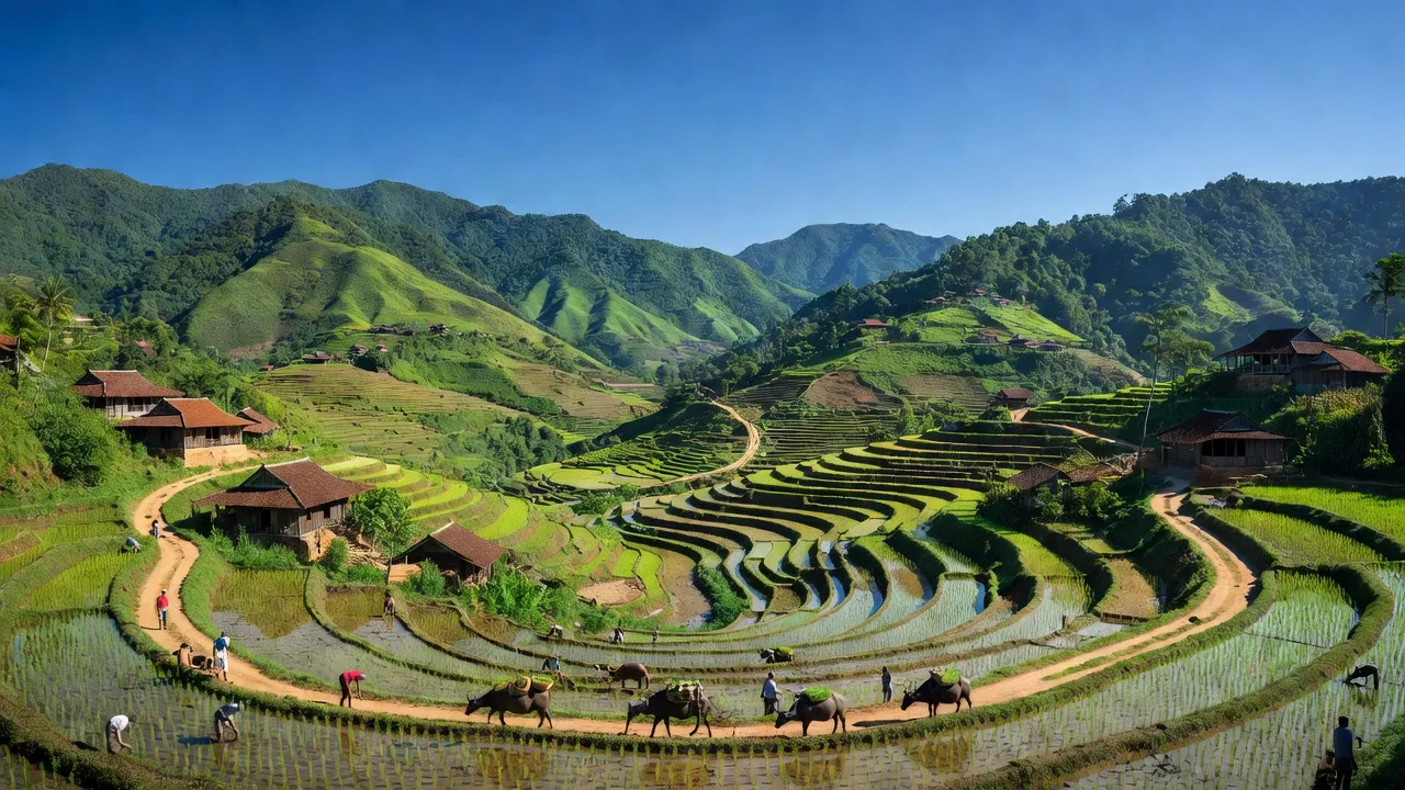 Cảnh quan xã Trà Dơn, huyện Nam Trà My, Quảng Nam với thung lũng xanh và nhà truyền thống.