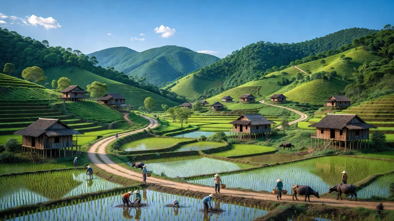 Cảnh đẹp Xã Trà Leng, huyện Nam Trà My, tỉnh Quảng Nam với núi xanh và nhà gỗ truyền thống.