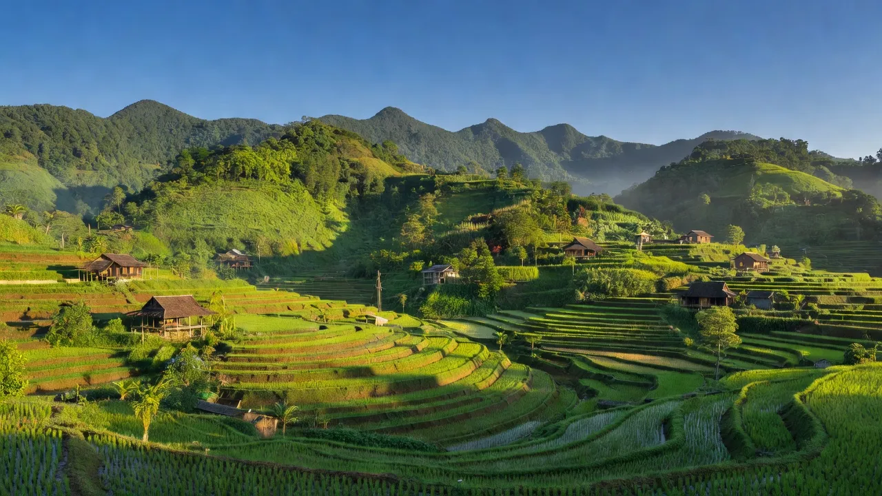 Cảnh đẹp xã Trà Leng, huyện Nam Trà My, tỉnh Quảng Nam với núi xanh và ruộng bậc thang.