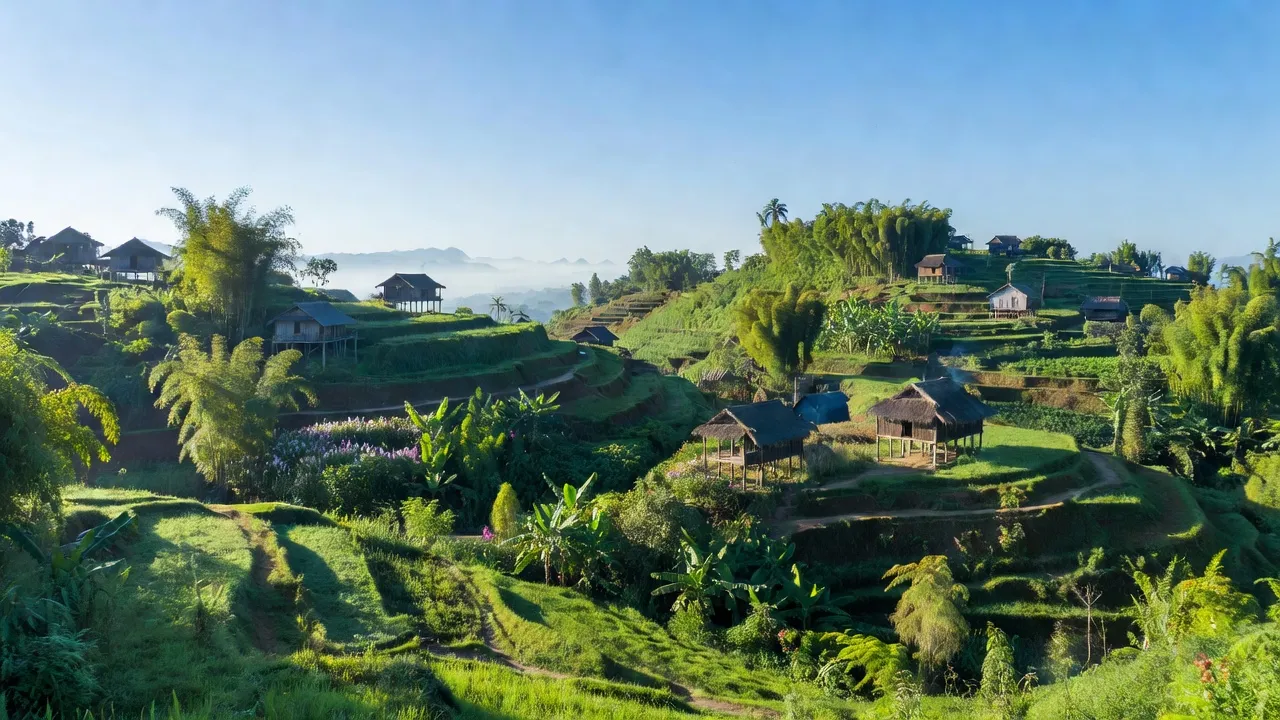 Khung cảnh bình yên Xã Trà Nam, huyện Nam Trà My, với nhà sàn và núi xanh.
