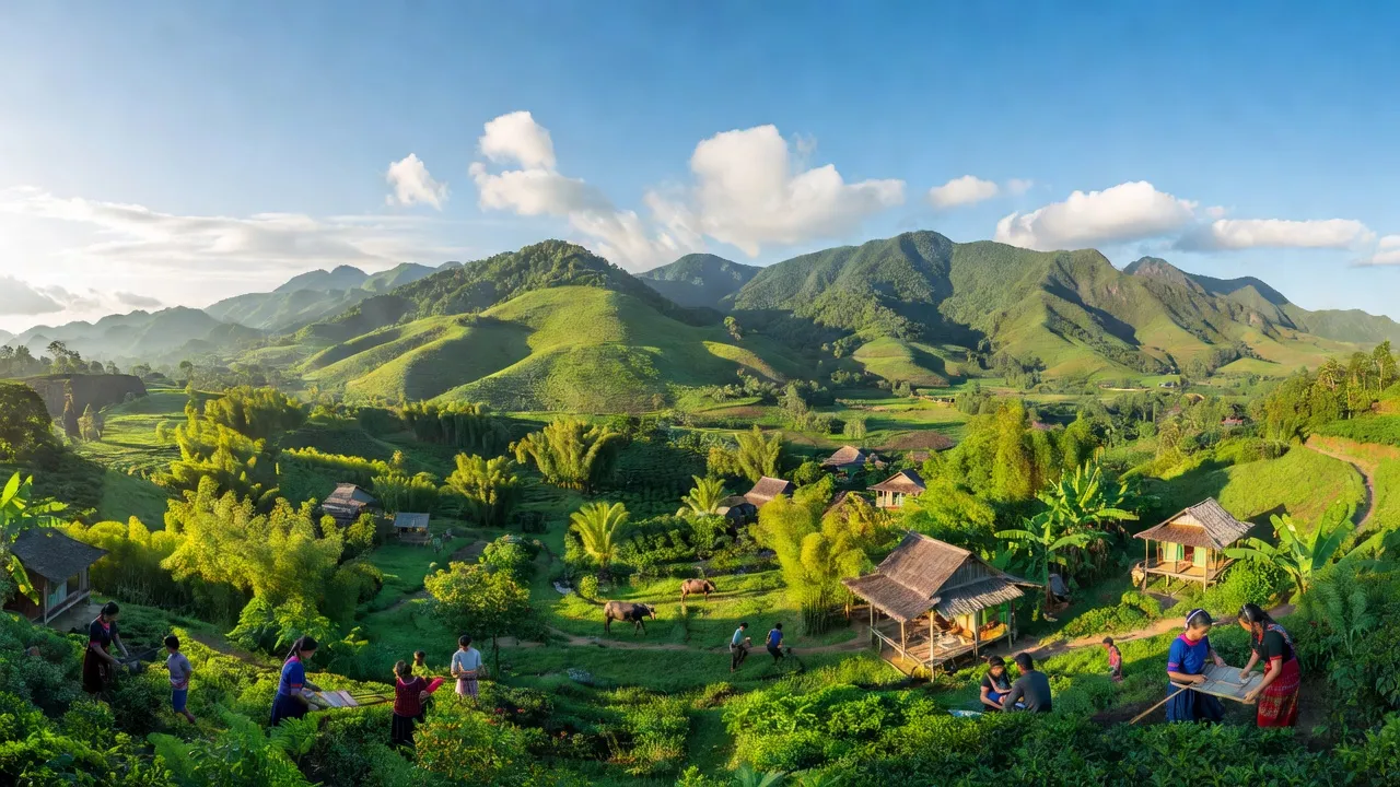 Địa hình đồi núi xã Trà Tập, huyện Nam Trà My, tỉnh Quảng Nam, với bầu trời trong sáng.