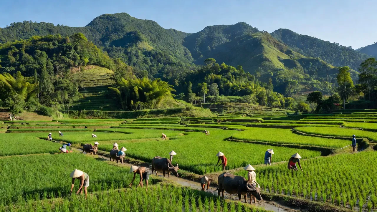 Phong cảnh xã Trà Vinh, huyện Nam Trà My, Quảng Nam với núi rừng xanh tươi, người dân làm nông.