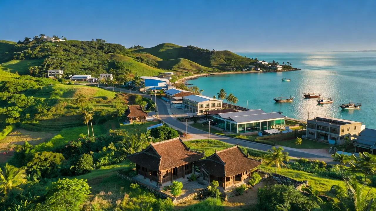 Quang cảnh huyện Núi Thành, Quảng Nam với biển xanh, đồi núi và kiến trúc truyền thống đẹp.