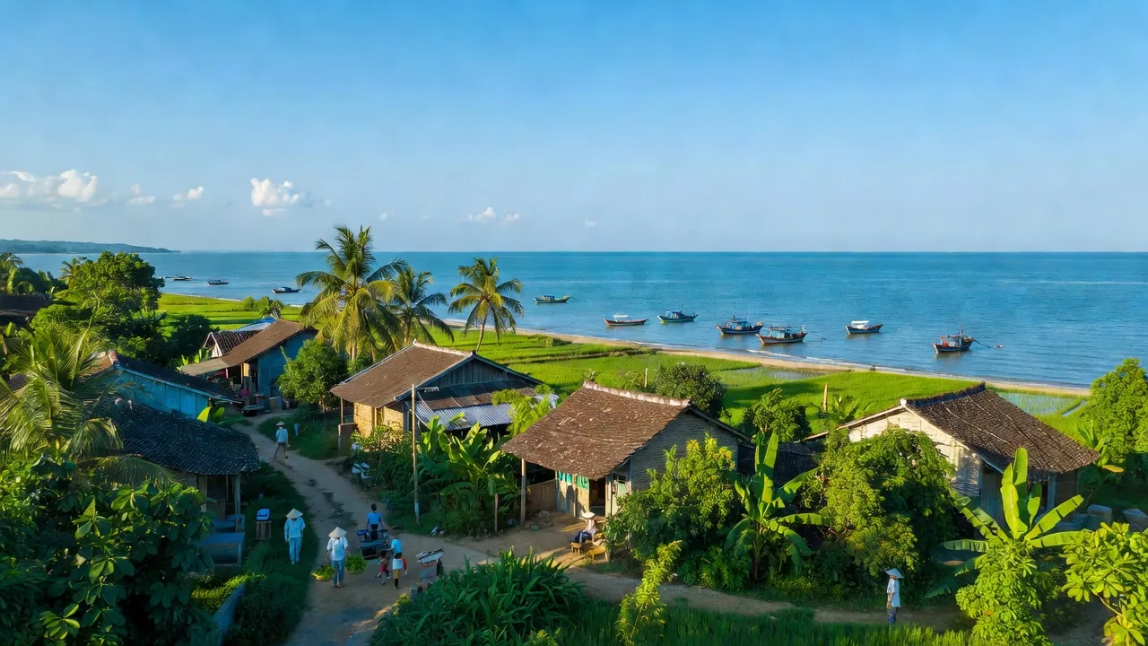 Khung cảnh yên bình của xã Tam Anh Bắc, huyện Núi Thành, tỉnh Quảng Nam với làng quê và biển.