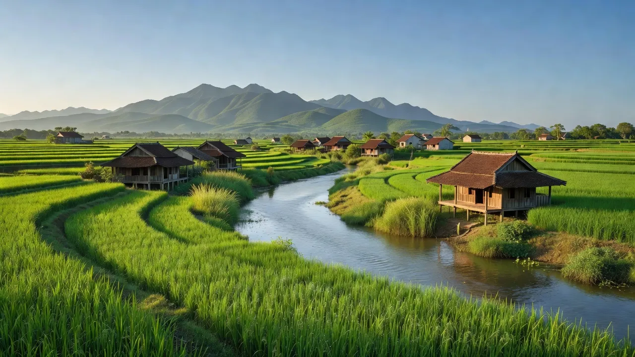 Cảnh đồng quê yên bình tại xã Tam Anh Nam, huyện Núi Thành, tỉnh Quảng Nam với sông Trường Giang.