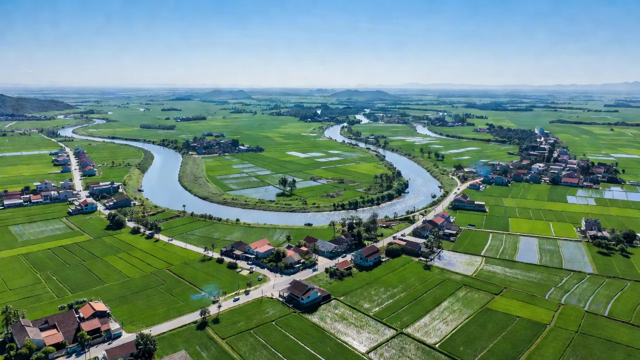 Khung cảnh xã Tam Anh Nam, huyện Núi Thành, tỉnh Quảng Nam với cánh đồng xanh, sông Trường Giang và đường giao thông.