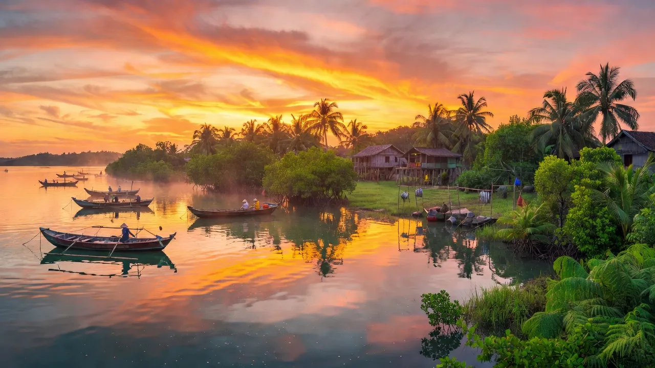 Cảnh biển đẹp tại xã Tam Giang, huyện Núi Thành, tỉnh Quảng Nam với tàu cá và ánh bình minh.