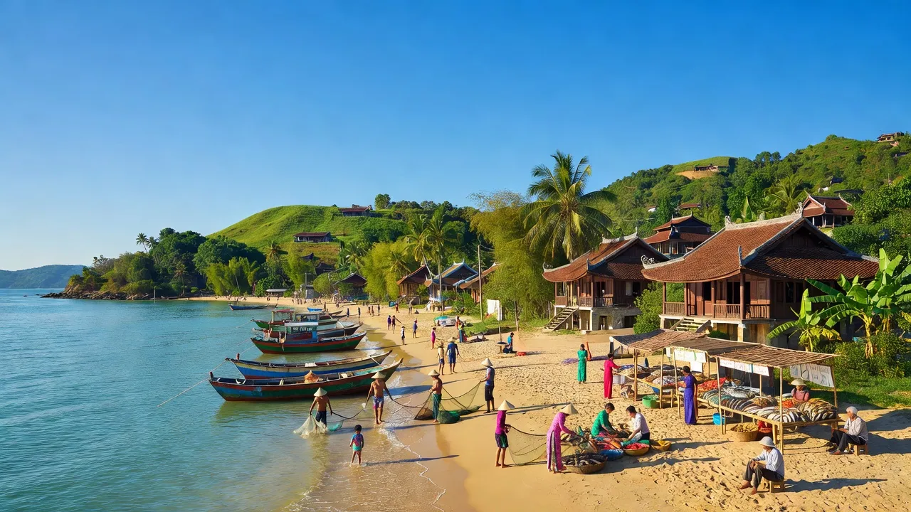Khung cảnh Xã Tam Hòa, huyện Núi Thành, tỉnh Quảng Nam, ven biển, nhà truyền thống và cây xanh.