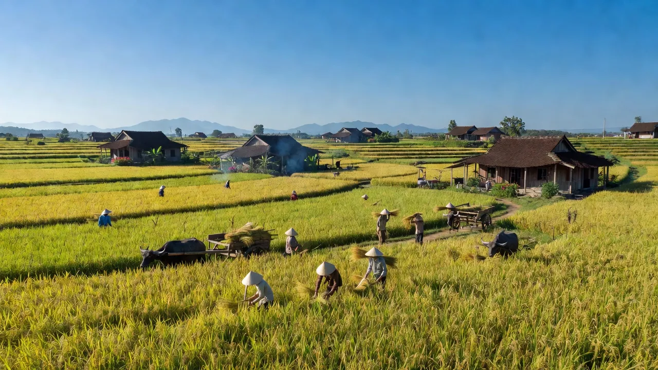 Cảnh đẹp xã Tam Mỹ Đông, huyện Núi Thành, tỉnh Quảng Nam với cánh đồng lúa xanh mướt.