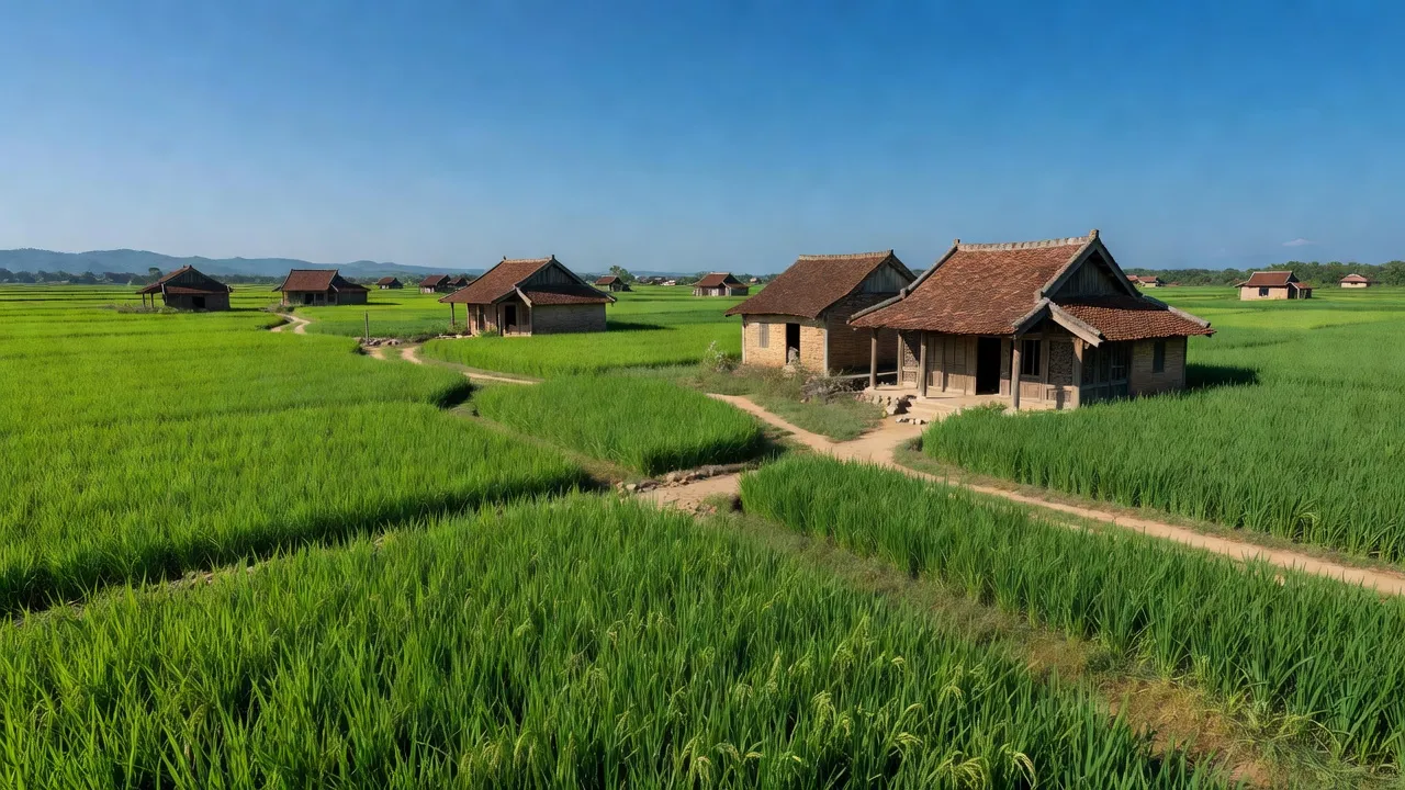 Cảnh sắc xã Tam Mỹ Tây, Núi Thành, Quảng Nam với ruộng xanh và nhà truyền thống.