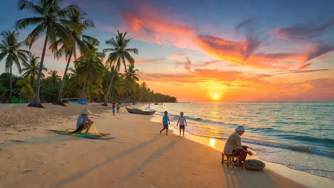 Khung cảnh biển xã Tam Quang, huyện Núi Thành, tỉnh Quảng Nam với bãi cát và cây dừa.