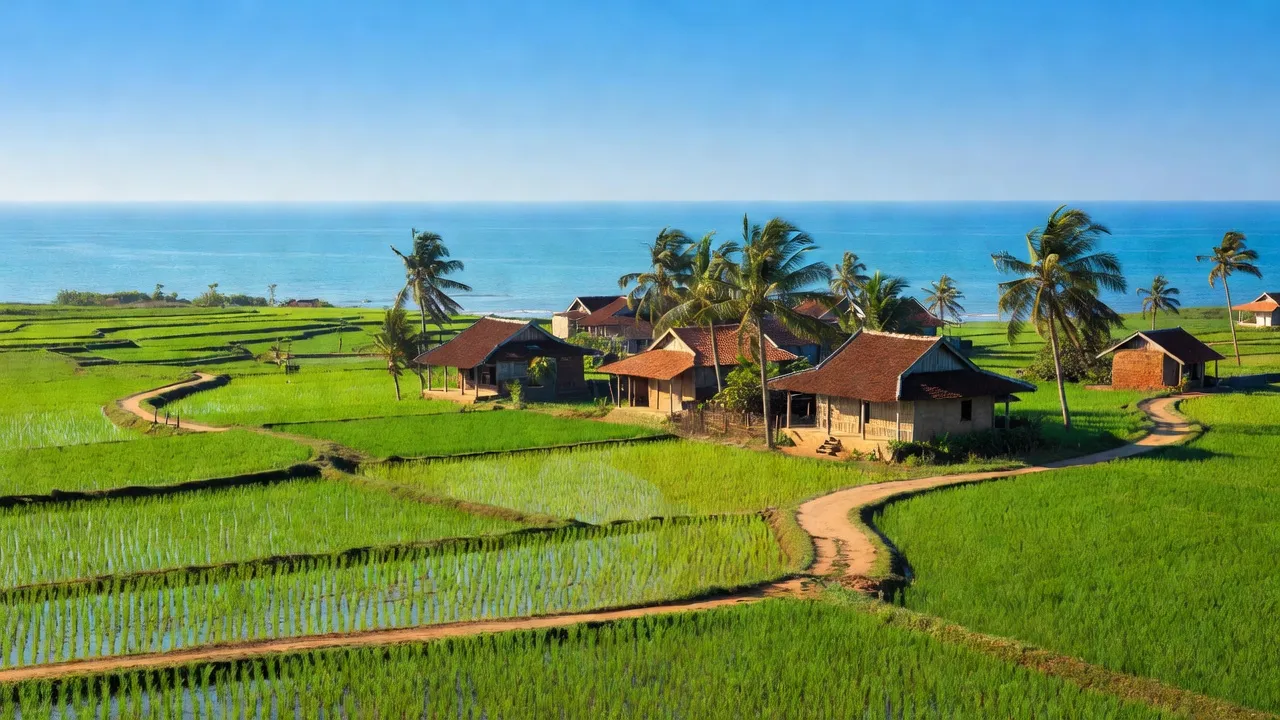 Khung cảnh xã Tam Sơn, huyện Núi Thành, với cánh đồng xanh và bờ biển Quảng Nam.