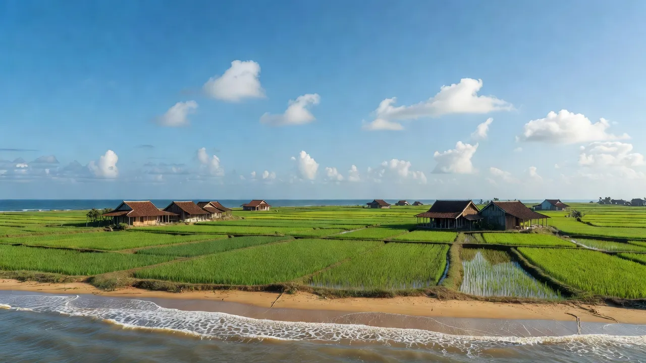 Khung cảnh yên bình ở xã Tam Sơn, huyện Núi Thành, tỉnh Quảng Nam, với đồng xanh và bầu trời trong.