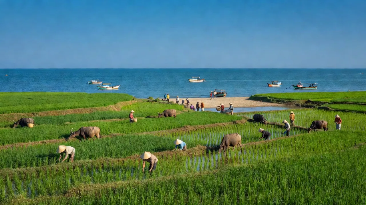 Cảnh sắc xã Tam Thạnh, huyện Núi Thành, tỉnh Quảng Nam với cánh đồng xanh và biển Đông.