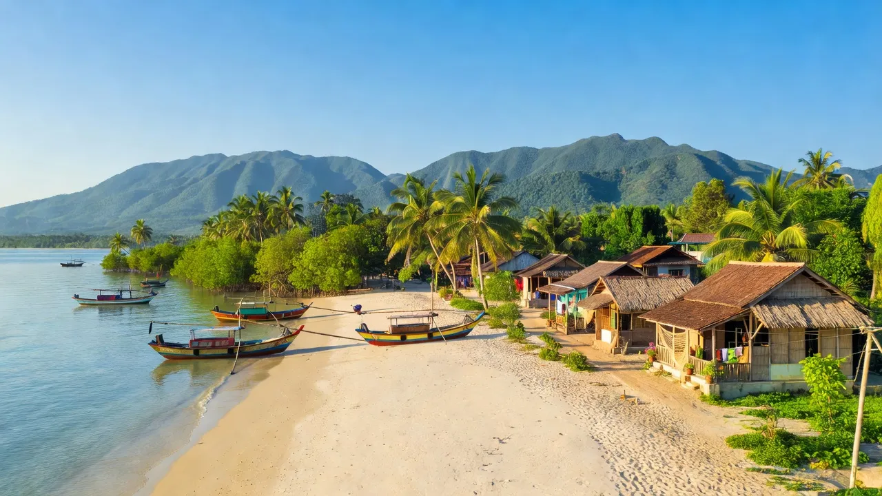 Cảnh biển Tam Tiến, Núi Thành, Quảng Nam với bãi cát, thuyền đánh cá và cây xanh.