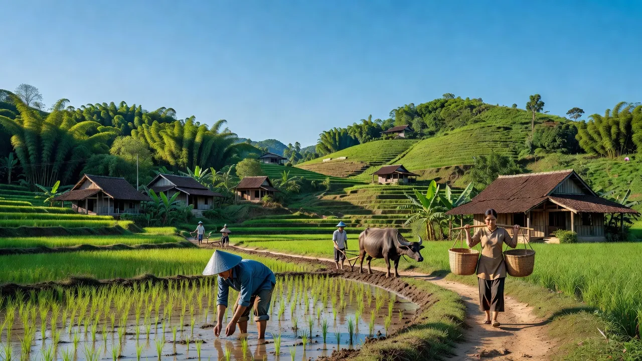 Quang Nam, xã Tam Trà với địa hình đồi núi, nhà truyền thống và thiên nhiên tươi đẹp.