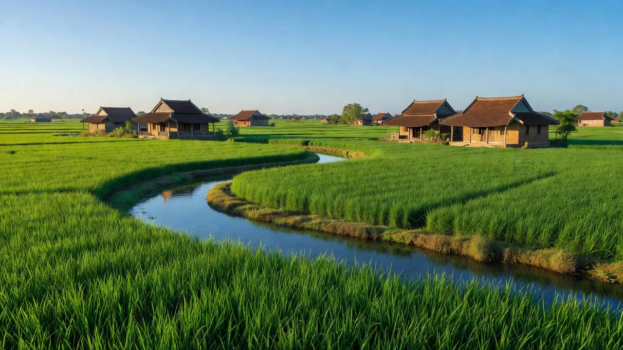 Cảnh đẹp xã Tam Xuân II, huyện Núi Thành, tỉnh Quảng Nam, với cánh đồng xanh và sông uốn khúc.