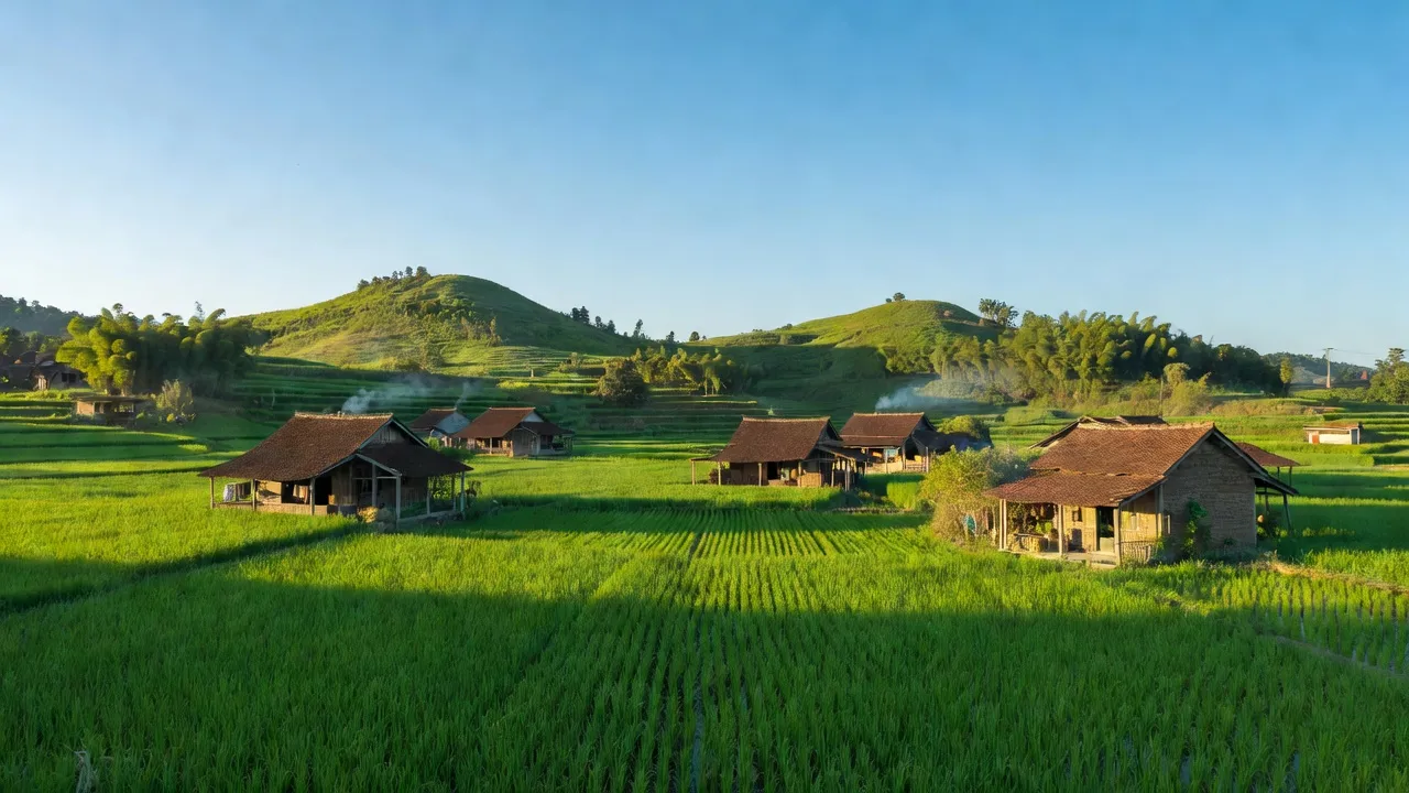 Khung cảnh yên bình xã Tam Xuân II, huyện Núi Thành, Quảng Nam với cánh đồng xanh và nhà truyền thống.