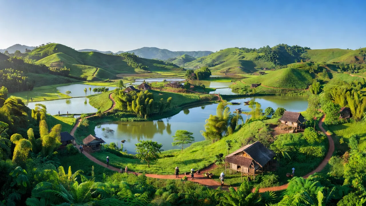 Cảnh quan huyện Phú Ninh, Quảng Nam với hồ chứa và đồi núi xanh tươi, thiên nhiên lý tưởng.