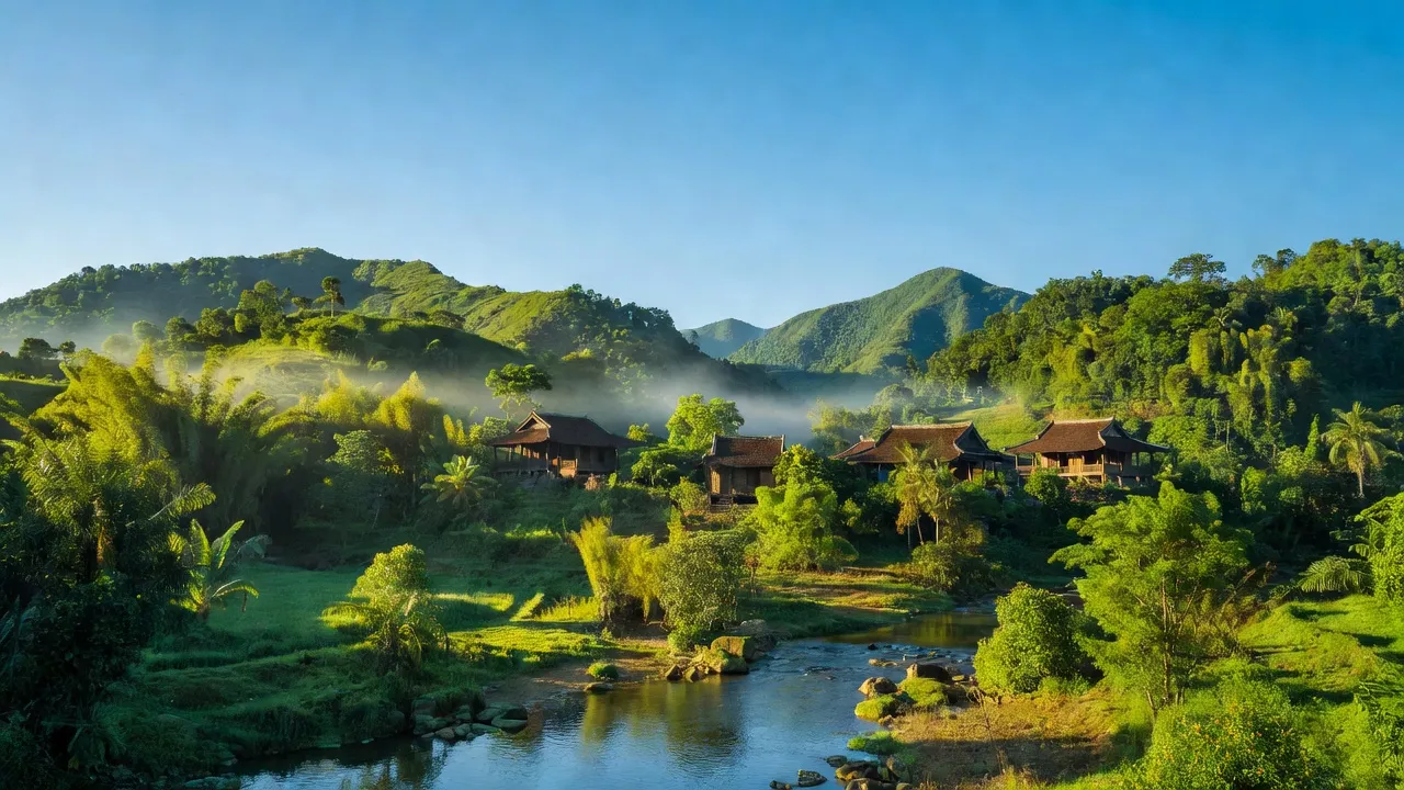 Phong cảnh huyện Phước Sơn, Quảng Nam với các ngọn núi xanh, nhà truyền thống và bầu trời trong xanh.