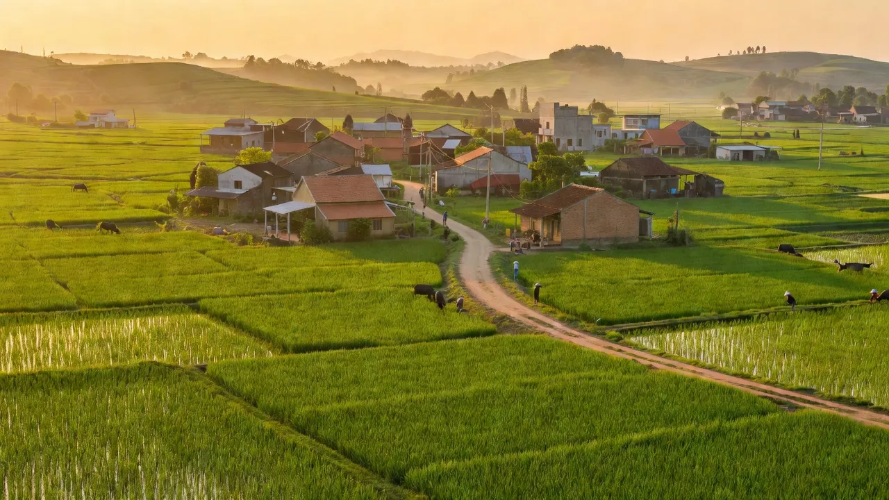 Cảnh đẹp huyện Quế Sơn, Quảng Nam với cánh đồng xanh và ngọn đồi, thể hiện phát triển kinh tế