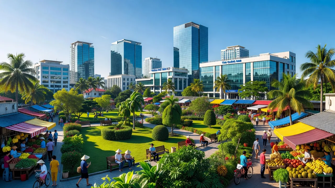 Thành phố Tam Kỳ, Quảng Nam với cảnh quan đô thị hiện đại và không gian xanh thoáng đãng.