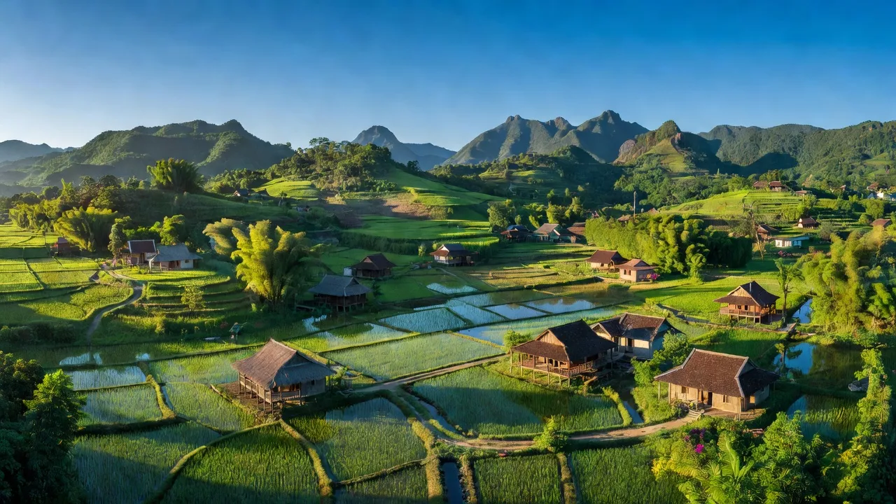 Quang cảnh huyện Tiên Phước, tỉnh Quảng Nam với núi non và ruộng đồng xanh mướt.