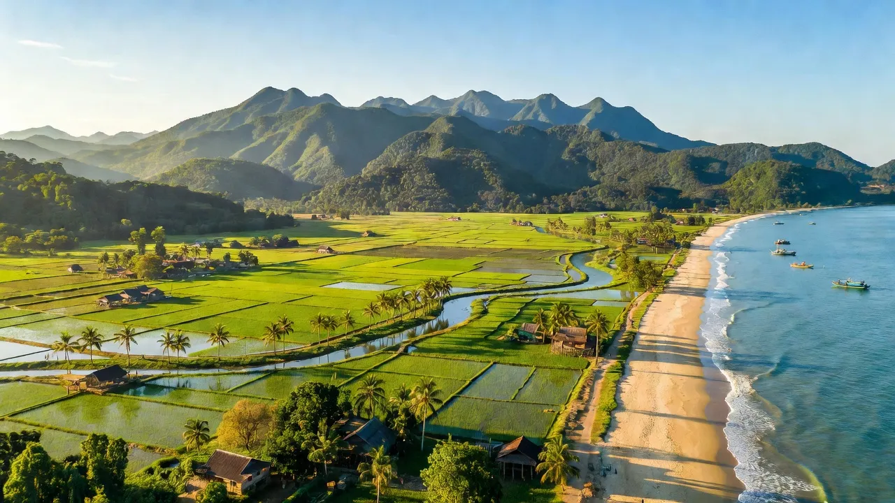 Quang cảnh tỉnh Quảng Nam với núi, đồng bằng và bờ biển, hấp dẫn cho du lịch địa phương.