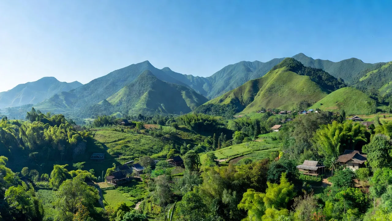 Khung cảnh huyện Ba Tơ, Quảng Ngãi với địa hình núi non và làng mạc dưới bầu trời xanh.