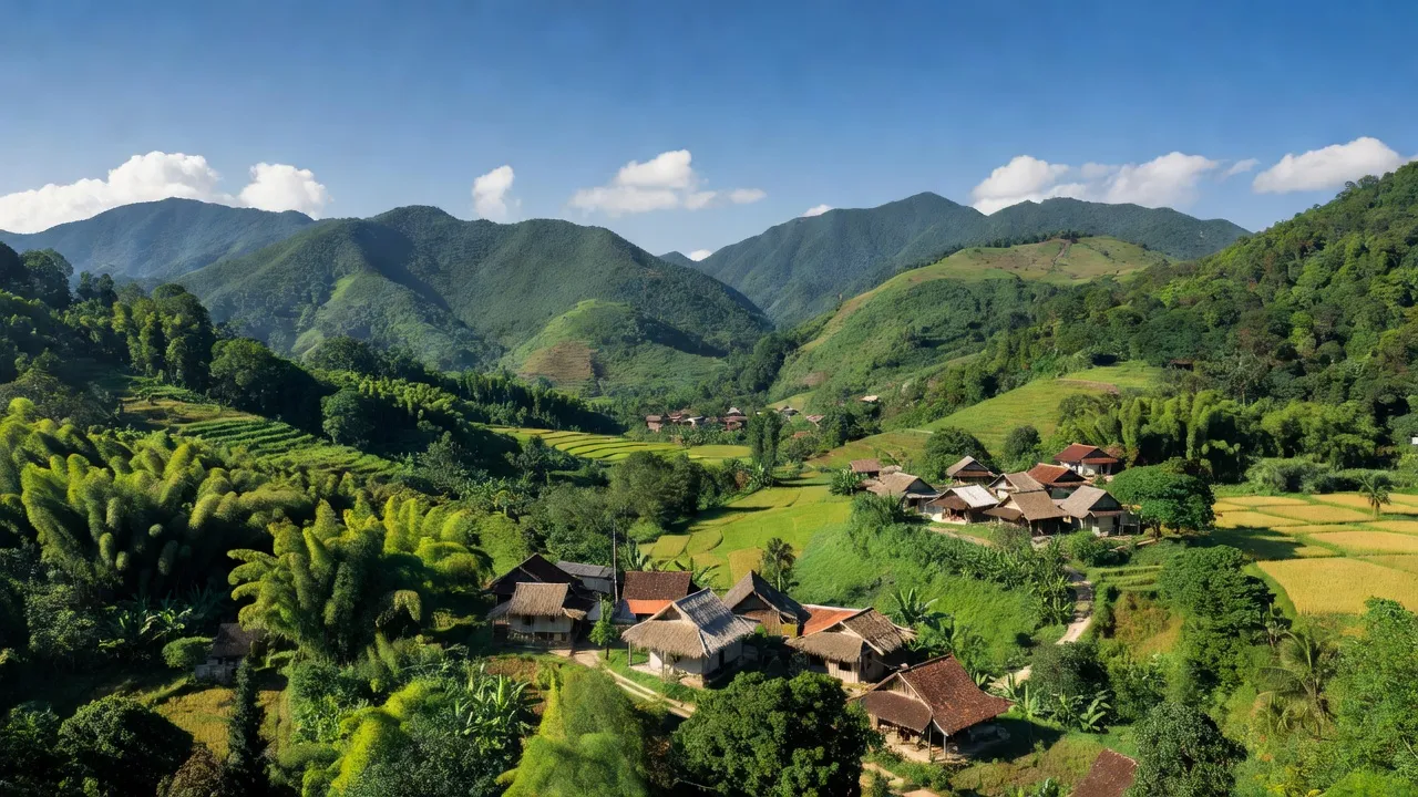 Khung cảnh núi non huyện Ba Tơ Quảng Ngãi với nhà truyền thống, cây cối xanh tươi và bầu trời trong xanh.