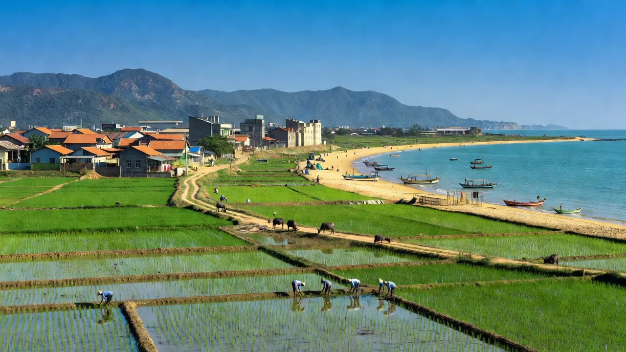 Khung cảnh đẹp huyện Bình Sơn, Quảng Ngãi với cánh đồng xanh và biển cả, nông thôn và núi.