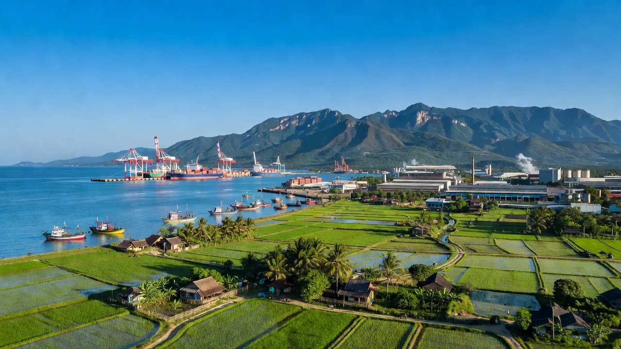 Khung cảnh huyện Bình Sơn, Quảng Ngãi với biển, núi và không gian nông thôn yên bình.