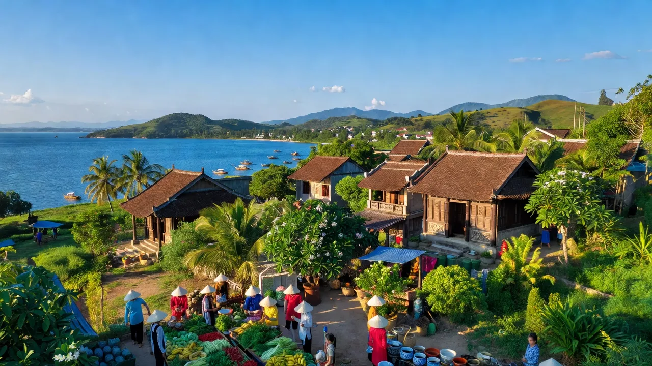 Cảnh quan Thị xã Đức Phổ, tỉnh Quảng Ngãi với cây cối xanh tươi và nhà truyền thống.