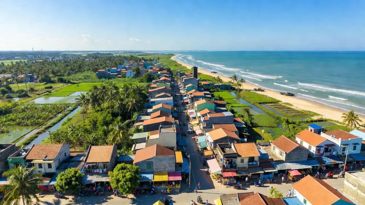Thị xã Đức Phổ ở tỉnh Quảng Ngãi với cảnh quan thiên nhiên và đô thị năng động, dưới ánh nắng rực rỡ.